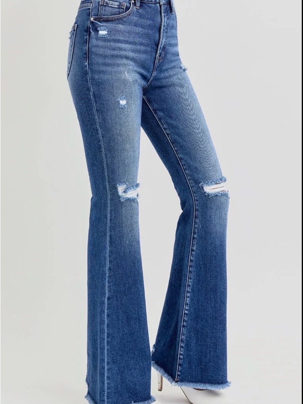 Women’s Distressed High-Rise Flared Jeans in Medium Blue Size 9/29